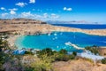 View of sandy beach in Bay of Lindos Rhodes, Greece Royalty Free Stock Photo