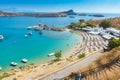 View of sandy beach in Bay of Lindos Rhodes, Greece Royalty Free Stock Photo