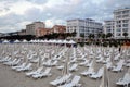 View of sandy beach at Golem Durres, Albania. Beach with sun beds and umbrellas