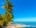 View of the sandy beach in the lagoon Huahine, French Polynesia. Copy space for text