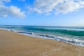 View of sandy beach and ocean wave on Jandia peninsula, Morro Jable, Fuerteventura, Canary Islands, Spain Royalty Free Stock Photo