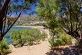 View at sandy beach of Paleochora town near libean sea on Crete island Royalty Free Stock Photo