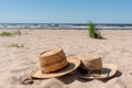 View of sandy beach with summer hats and sunglasses. Blank advertisement or packaging layout Royalty Free Stock Photo