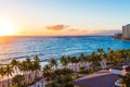 View of the sandy beach at sunset, Honolulu, Hawaii. Copy space for text Royalty Free Stock Photo