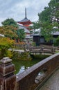 View of Sanju-no-to pagoda over the watercourse with stone bridges at Kiyomizu-dera. Kyoto. Japan Royalty Free Stock Photo