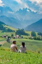 view of Santa Maddalena church in Dolomites, Italian Alps. Val Di Funes valley . Lonely church on green meadow on Royalty Free Stock Photo