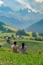 view of Santa Maddalena church in Dolomites, Italian Alps. Val Di Funes valley . Lonely church on green meadow on Royalty Free Stock Photo