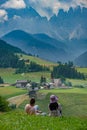 view of Santa Maddalena church in Dolomites, Italian Alps. Val Di Funes valley . Lonely church on green meadow on Royalty Free Stock Photo