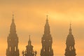View of Santiago de Compostela Cathedral steeples at sunset in Santiago de Compostela, Spain