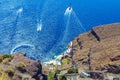View of Santorini cliff top down to the bay and port at Caldera Fira Greece Royalty Free Stock Photo