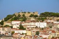 View of the Sao Jorge Castle from the Baixa (Downtown) District of Lisboa, Portugal. One of the landmarks of the Portuguese Royalty Free Stock Photo