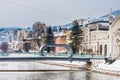 Sarajevo and Festina Lente bridge over river Miljacka ,Bosnia and Herzegovina Royalty Free Stock Photo