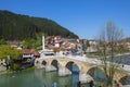 Evening view of Sarajevo old town from the riverside with bridge and mosque, Sarajevo, Bosnia and Herzegovina