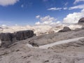 View from Pass Pordoi the Sella group massif mountains of northern Italy , Dolomites, Trentino Alto Adige, northern Italy, Europe Royalty Free Stock Photo