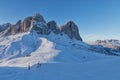 View of the Sassolungo Langkofel Group of the Italian Dolomites from the Val di Fassa Ski Area, Trentino-Alto-Adige region, Italy Royalty Free Stock Photo