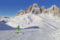 View of the Sassolungo Langkofel Group of the Italian Dolomites from the Val di Fassa Ski Area, Trentino-Alto-Adige region, Italy