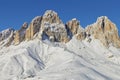 View of the Sassolungo Langkofel Group of the Italian Dolomites from the Val di Fassa Ski Area, Trentino-Alto-Adige region, Italy Royalty Free Stock Photo