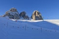 View of the Sassolungo Langkofel Group of the Italian Dolomites from the Val di Fassa Ski Area, Trentino-Alto-Adige region, Italy Royalty Free Stock Photo