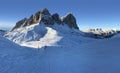 View of the Sassolungo Langkofel Group of the Italian Dolomites from the Val di Fassa Ski Area, Italy Royalty Free Stock Photo