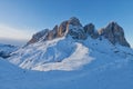 View of the Sassolungo Langkofel Group of the Italian Dolomites from the Val di Fassa Ski Area, Trentino-Alto-Adige region, Italy