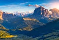 View on the Sassolungo (Langkofel) and Sella group, valley Gardena. National Park Dolomites, South Tyrol. Location Ortisei, S. Cr Royalty Free Stock Photo