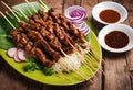 view satay surfaceTop sapi Beef plate wooden Sate angle Royalty Free Stock Photo