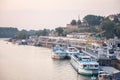 View of Sava river bank in Belgrade. Kalemegdan fortress is visible on the background while cruise ships can be seen in front