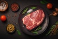 view Savor the raw Fresh striploin steak adorned with salt, spices