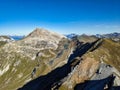 View from Schiahorn. Autumn mountain panorama in the Parsenn Davos Klostes Mountains. Hike and trail running in the Alp