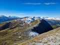View from Schiahorn. Autumn mountain panorama in the Parsenn Davos Klostes Mountains. Hike and trail running in the Alp