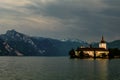 View on Schloss Orth and mountains in Gmunden, Austria