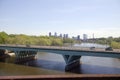 View of Schuylkill River and Philadelphia skyline from moving Amtrak train, Philadelphia, Pennsylvania