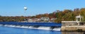 A view from the Schuylkill River Trail of Boat House Row