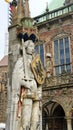 View of sculpture of the Bremen Roland on the main market square in the city center, medieval statue with sword and shield,