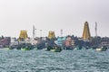 View from the sea of Arulmigu Ramanathaswamy yellow Temple in Rameshwaram.