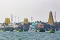 View from the sea of Arulmigu Ramanathaswamy yellow Temple in Rameshwaram.