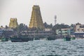 View from the sea of Arulmigu Ramanathaswamy yellow Temple in Rameshwaram.