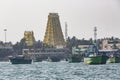 View from the sea of Arulmigu Ramanathaswamy yellow Temple in Rameshwaram.