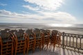 View sea beach Andernos-les-Bains in Arcachon bay cafe terrace seat in pontoon at low tide