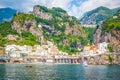 Panoramic view of Amalfi Mediterranean coast, small town with multicolor houses in south of Italy, Gulf of Salerno, Campania Royalty Free Stock Photo