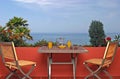 View of sea and blue sky from terrace in Spanish villa. Royalty Free Stock Photo