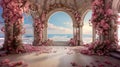 View of the sea from the castle archway decorated with pink flowers Royalty Free Stock Photo