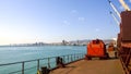 View of the sea and city beach from the port quay. Industrial po Royalty Free Stock Photo