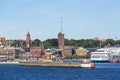 View from the sea of the city, Helsingborg City Hall, passenger ferry in the port, Helsingborg, Sweden