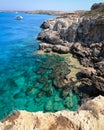 View of the sea and cliffs of Blue Lagoon, Cape Greco, Cyprus. Royalty Free Stock Photo