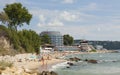 View on sea coast and beach with hotel Sirius in front, St. St. Constantine and Helena resort, Bulgaria.