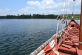 View of the sea from the deck of the wooden sailing yacht