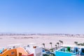 View of the sea and the desert from the upper observation deck of the water park Royalty Free Stock Photo