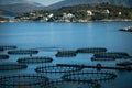 View of sea fish farm cages and fishing nets, Fish farming Commercial breeding of fish Royalty Free Stock Photo