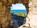 View of the sea through a gap in the wall of the Genoese fortress, Feodosia, Crimea